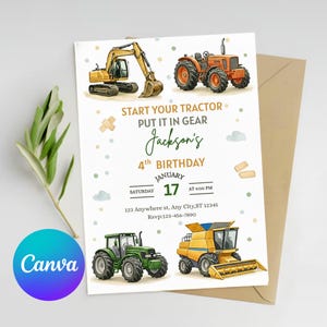 Pode incluir: Um convite de aniversário com ilustrações de veículos de construção e agrícolas, incluindo uma escavadeira, um trator e uma colheitadeira. O convite inclui o texto "Start Your Tractor, Put It In Gear" e detalhes da festa.