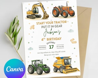 Diggers and Tractors Party Invite, Editable Construction truck forth Birthday Invitation, Printable 4th Birthday Card