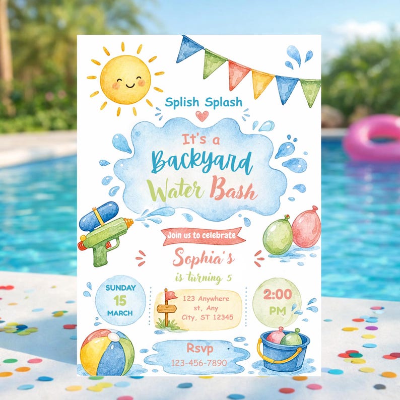 May include: A watercolor invitation for a backyard water bash. The design features a smiling sun, water splashes, a water gun, and colorful balloons. Text includes "It's a Backyard Water Bash" and details for Sophia's 5th birthday party.