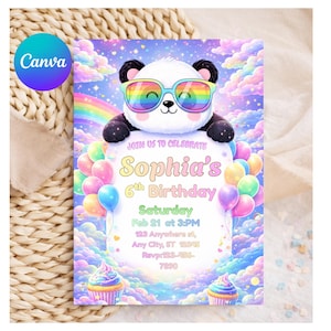 May include: A colorful birthday invitation featuring a panda wearing rainbow sunglasses. The invitation includes the text "Sophia's 6th Birthday" with event details: Saturday, Feb 21 at 3 PM, and an address. Pastel clouds, balloons, and cupcakes decorate the design.