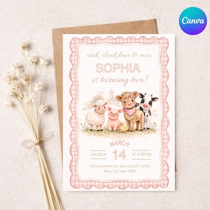 May include: A pink and white gingham-bordered invitation card with the text "oink cluck baa & moo SOPHIA is turning two!" and a watercolor illustration of farm animals. The card includes event details for March 14 at 4:00 PM.