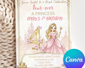 Four-ever a Princess Birthday Invitation Template, 4 ever a princess invitation, Girl 4th Birthday Invite Pink Princess Party Royal Theme