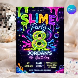 May include: A vibrant invitation for a Slime Party, featuring neon green, pink, and yellow dripping slime effects. The invitation includes the text "Slime Party" and details for Jordan's 8th birthday, with date, time, and location.