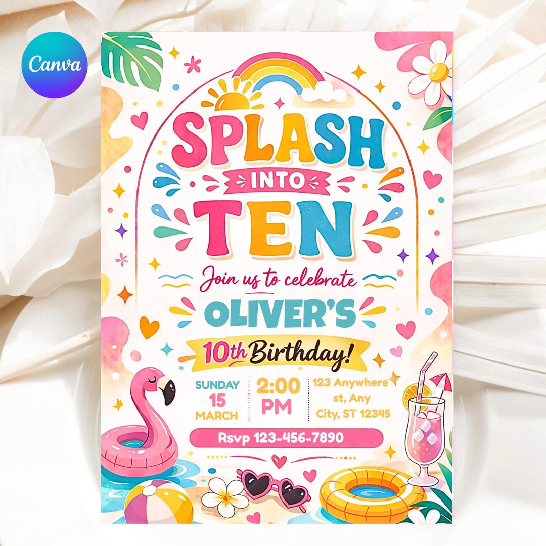 Splash Into Ten 10th Birthday Invitation Girl, Summer Pool Party ...