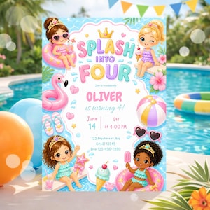 May include: A colorful invitation with the text "Splash Into Four" for Oliver's 4th birthday. The design features illustrations of girls in swimwear, a flamingo float, ice cream, and a beach ball. The date is June 14th at 4:00 PM.