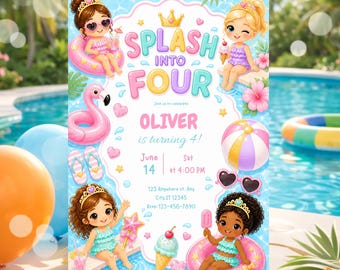 Splash Into four 4th Birthday Pool Party Invitation girl, Princess Pool Party Invite,  Editable Summer Swim Birthday party, Digital Download