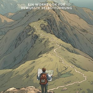 May include: An illustrated book cover with the title "Build Basics Das Fundament der Reflexion" and the subtitle "Ein Workbook für Bewusste Selbstführung." The image shows a person with a backpack looking at a map on a mountain path.