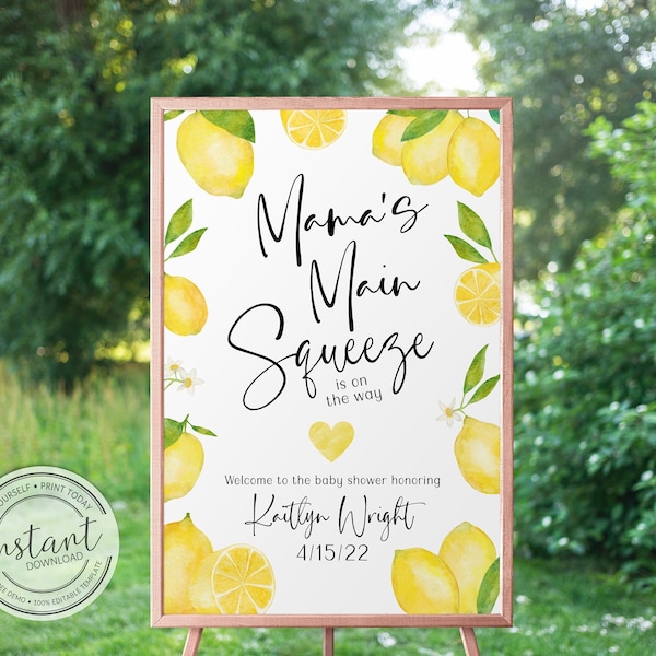 Mamas Main Squeeze Baby Shower Welcome Sign Template - Lemon Baby Shower - Editable Template - 24x36 Welcome Sign