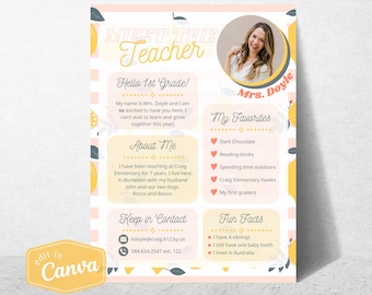 Meet the Teacher Printable Template - Instant Download - Classroom Editable Template - Back to School - Elementary Teacher - Edit In Canva