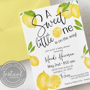 Editable Sweet Little One Lemon Baby Shower Invitation - Lemon Themed Shower - Baby Shower Brunch