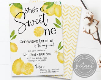 Lemon Birthday Invitation - She's a Sweet One Invite - Lemonade Birthday Party Template - Print at Home