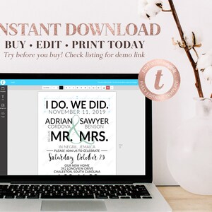 May include: A laptop displays a wedding invitation template with the text "I DO. WE DID." and the names Adrian Cordova and Sawyer Benson. The invitation includes the date November 11, 2019, and details for the celebration.