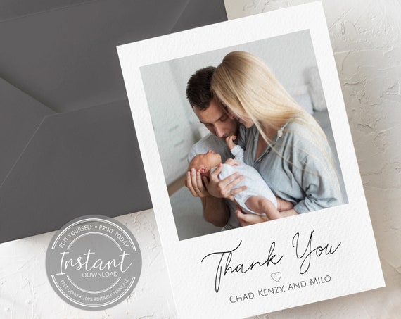 Simple Photo Thank You Card Template - Minimalist Thank You - Wedding Thank You - Baby Birth - Picture Thank You - Editable Template