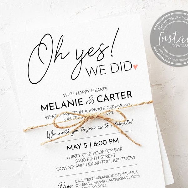 Reception Invitation Template - Oh Yes We Did - Reception Only - We Got Married - We Eloped - Destination Wedding Reception