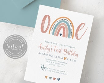 Boho Rainbow First Birthday Invitation: Editable Template (Digital Download)