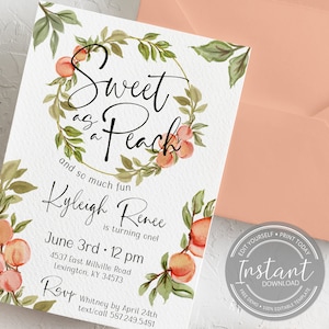 Süß wie ein Pfirsich erste Geburtstagseinladung - Pfirsiche 1. Geburtstag - bearbeitbar einladen