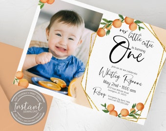 Little Cutie First Birthday Invitation - Picture Birthday Invite - First Birthday Printable - Orange Party Theme