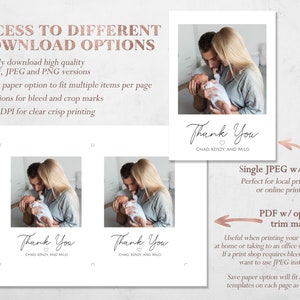 May include: White thank you cards with a photo of a couple holding a newborn baby. The cards have the text "Thank You" and the names "Chad, Kenzy, and Milo." The image also shows download options.