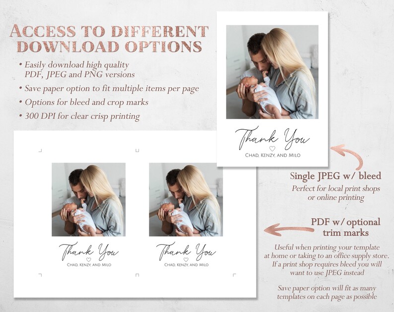 May include: White thank you cards with a photo of a couple holding a newborn baby. The cards have the text "Thank You" and the names "Chad, Kenzy, and Milo." The image also shows download options.