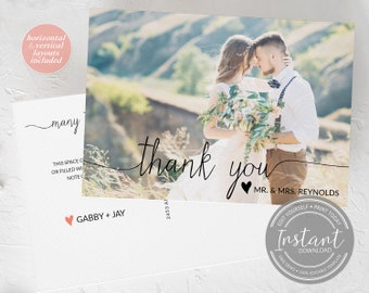 May include: A wedding thank you card with a photo of a couple in a field. The card has a black heart and the text "Thank you" in cursive. The text "MR. & MRS. REYNOLDS" is below the heart. The card also has the text "GABBY + JAY" and "Instant Download" in a circle.