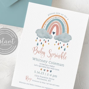 Rainbow Baby Shower Invitations, Baby Sprinkle Invite, Digital Baby Shower Invitation Girl