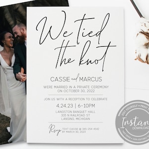 We Tied the Knot-huwelijksuitnodiging - huwelijksaankondiging - privébruiloft - schakingsaankondiging - sjabloon DIY-uitnodiging
