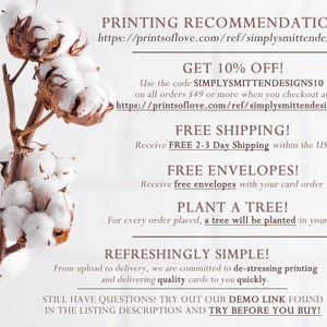 May include: A sprig of cotton blossoms with a white background. Text includes printing recommendations, a 10% off offer, free shipping, free envelopes, and a tree planting initiative.