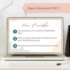 Może przedstawiać: Laptop wyświetla reklamę pobierania cyfrowego. Na ekranie widnieje tekst "How it works" z ponumerowanymi krokami wyjaśniającymi proces. Tekst "Digital Download ONLY!" znajduje się na g&oacute;rze.