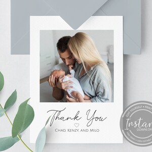 May include: A white card with a family photo and the words "Thank You" in elegant script. The card includes the names "Chad, Kenzy, and Milo" and a small heart. A circular graphic reads "Instant Download".