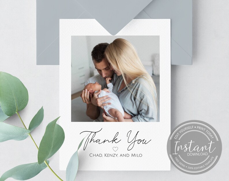May include: A white card with a family photo and the words "Thank You" in elegant script. The card includes the names "Chad, Kenzy, and Milo" and a small heart. A circular graphic reads "Instant Download".