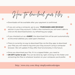 Może przedstawiać: Jasnor&oacute;żowa grafika z napisem "How to download your files" w kursywie. Instrukcje dotyczące pobierania plik&oacute;w, w tym dostępu do konta Etsy i rozpakowywania plik&oacute;w. Adres URL sklepu Etsy znajduje się na dole.