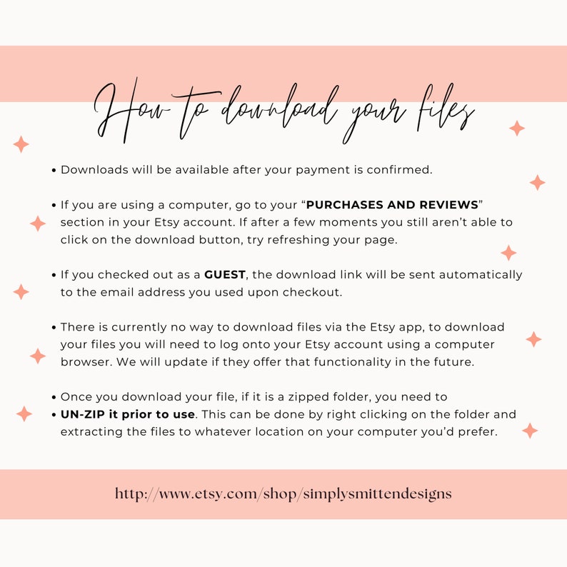 Może przedstawiać: Jasnor&oacute;żowa grafika z napisem "How to download your files" w kursywie. Instrukcje dotyczące pobierania plik&oacute;w, w tym dostępu do konta Etsy i rozpakowywania plik&oacute;w. Adres URL sklepu Etsy znajduje się na dole.