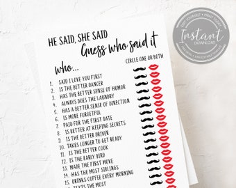 He Said She Said Bridal Shower Game: Funny Party Printable (Digital Download)