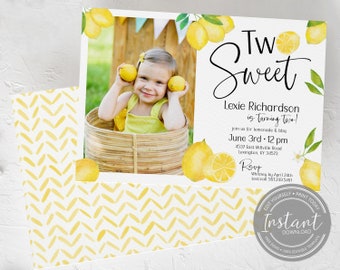 Lemons Birthday Invitation - 2nd Birthday Party - Two Sweet - Lemonade and BBQ Template - Picture Birthday Invitation