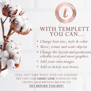 May include: A sprig of cotton bolls with a white background. Text in the image reads "WITH TEMPLETT YOU CAN..." and lists options for editing templates. The image also includes the text "TRY BEFORE YOU BUY!"