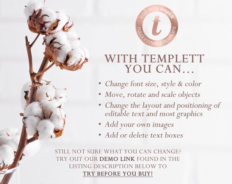 May include: A sprig of cotton bolls with a white background. Text in the image reads "WITH TEMPLETT YOU CAN..." and lists options for editing templates. The image also includes the text "TRY BEFORE YOU BUY!"