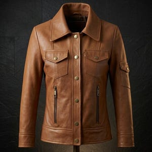 May include: A tan leather jacket featuring a pointed collar, a central button-down placket with metallic buttons, two chest pockets with buttoned flaps, two vertical zippered waist pockets, and a small utility pocket on the left sleeve.