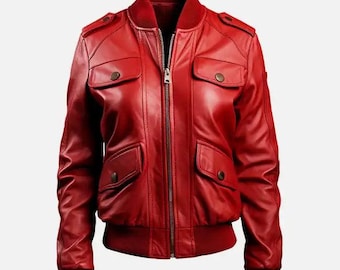 Red Lambskin Leather Bomber Jacket | Aviator Flight Style, Epaulette Detail