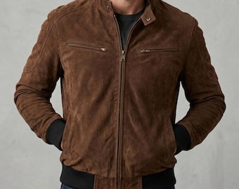 Suede Leather Bomber Jacket | Men's Cafe Racer Zip-Up Coat | Vintage Biker Street Style Brown