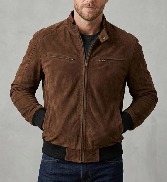 Suede Leather Bomber Jacket | Men's Cafe Racer Zip-up Coat