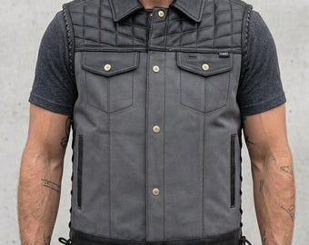 Leather Biker Vest – Handmade Motorcycle Club Vest with Quilted Shoulders Mens Custom Fit