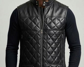 Black Quilted Leather Vest | Men's Diamond Stitch Zip-Up Gilet | Padded Moto Sleeveless Jacket
