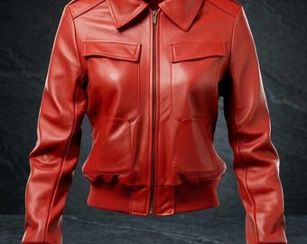 Red Leather Bomber Jacket | Fitted Cropped Y2K Biker Coat