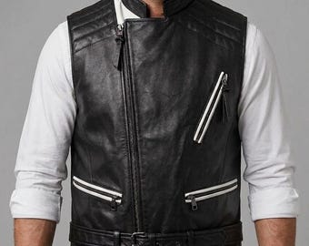 Black Leather Biker Vest Men Asymmetrical Zip Moto Vest Quilted Shoulder Sleeveless Jacket Streetwear