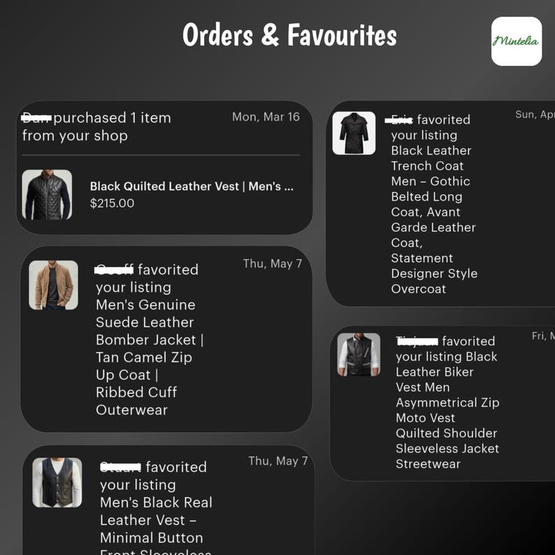 May include: Screenshot of an e-commerce shop's order and favorites page. The page displays product listings, including a black quilted leather vest, a suede bomber jacket, and a black leather biker vest. The page also shows the date and time of the orders and favorites.