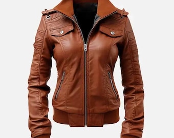Genuine Leather Bomber Jacket Cognac Brown  | Slim Fit Moto Biker Coat
