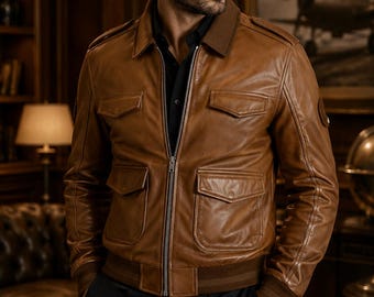 Men's Brown Lambskin Leather Bomber Jacket: Handmade Aviator Flight Retro Winter Coat
