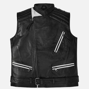 May include: Black leather vest with a stand-up collar, a diagonal zipper, and two zippered pockets with white stripes. The vest has a belt with a buckle at the waist and quilted shoulder details.