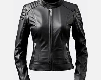 Black Top Grain Leather Moto Jacket Slim Fit Padded Shoulder Biker Style