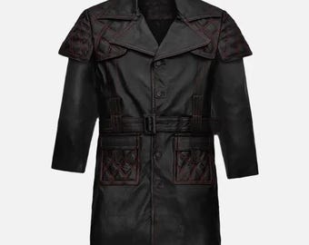 Men's Black Leather Trench Coat – Gothic Belted Avant Garde Statement Overcoat